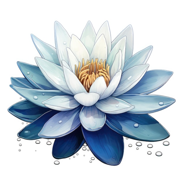 Un giglio d'acqua blu e bianco con bolle di fiori di giglio d'acqua
