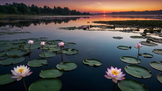 Un giglio d'acqua e i riflessi della luce solare sulla superficie dell'acqua