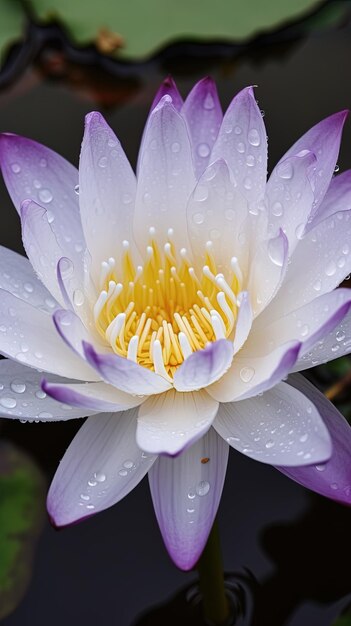 un giglio d'acqua viola con gocce d'acqua su di esso