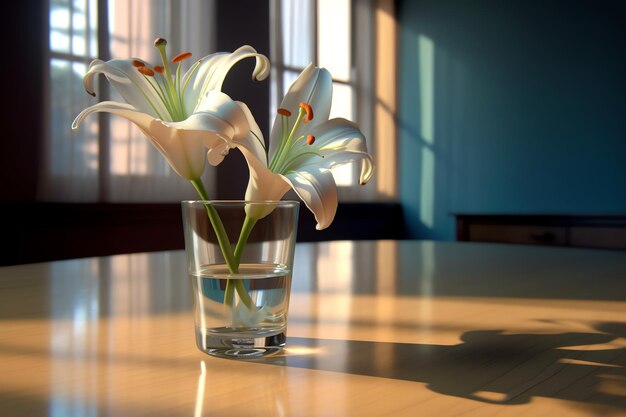Un giglio in un vaso di vetro con una carta da parati vuota del soggiorno moderno