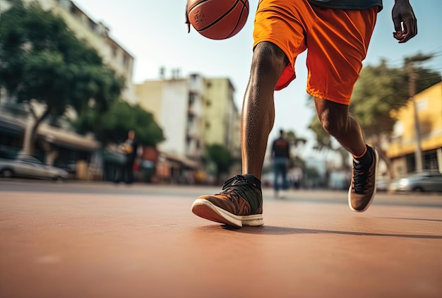 un giocatore di basket afroamericano dribbla la sua palla mentre indossa un'uniforme