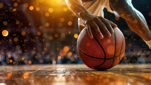 Un giocatore di basket generativo di IA tiene una palla da basket su un campo in close-up