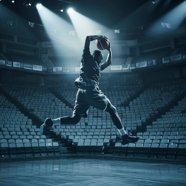 Un giocatore di basket professionista che si allena in uno stadio vuoto