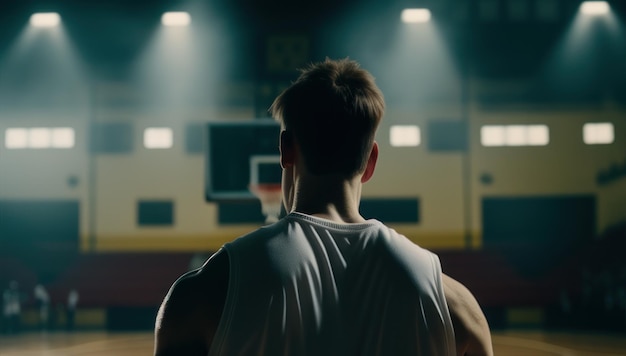 Un giocatore di basket sta al buio e guarda il canestro da basket.