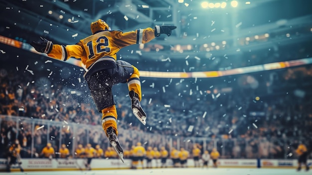 Un giocatore di hockey con una maglia gialla salta di gioia dopo aver segnato un gol con la folla che applaude sullo sfondo