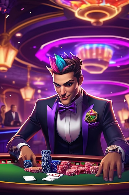 un giocatore di poker con un papillon blu e viola.