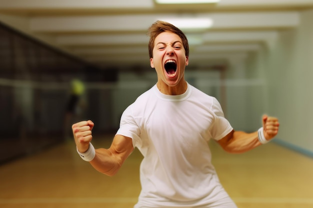 Un giocatore di racquetball catturato nel bel mezzo di una celebrazione della vittoria la loro gioia e sollievo palpabili