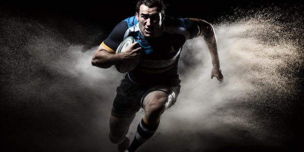 Un giocatore di rugby corre con una palla in aria