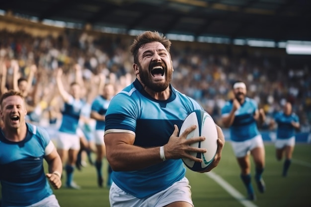 Un giocatore di rugby in uniforme blu si rallegra per una palla lanciata in uno stadio pieno di spettatori