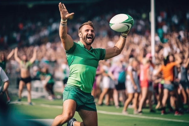 Un giocatore di rugby in uniforme verde si rallegra di una palla lanciata in uno stadio pieno di spettatori