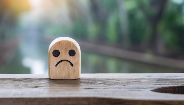 Un giocattolo di legno con la faccia triste da solo concetto di solitudine e depressione amore non ricambiato separazione o divorzio