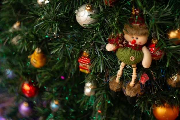 Un giocattolo di Natale a forma di pupazzo di neve è appeso a un albero di Natale artificiale con luci colorate.