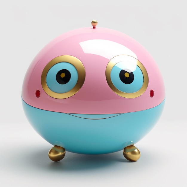Un giocattolo rosa e blu con un grande occhio e un occhio d'oro.