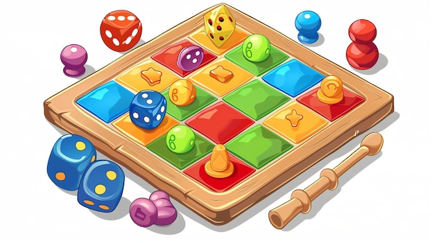Un gioco da tavolo colorato con una varietà di pezzi e dadi Il tavolo da gioco è fatto di legno e ha un disegno colorato