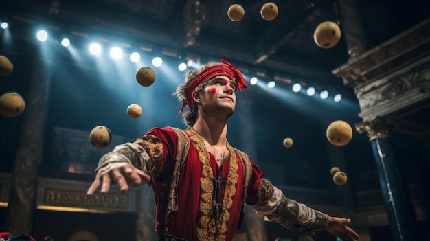 Un giocoliere con gli occhi bendati equilibra oggetti affilati nei Giochi del Circo