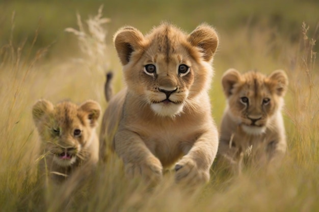 Un giocoso cucciolo di leone grassone che si precipita nell'erba alta con i suoi fratelli