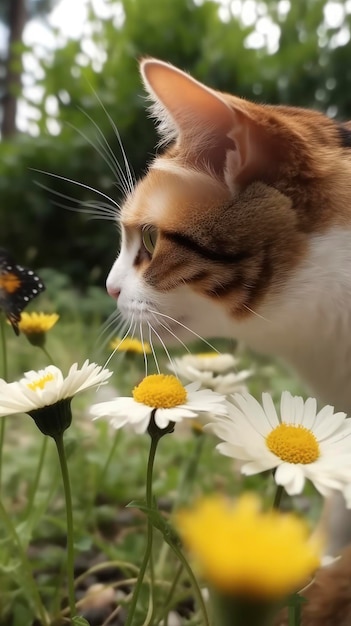 Un giocoso gatto che insegue una farfalla in un giardino pieno di fiori Genera Ai