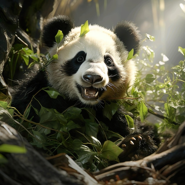 Un giocoso orso panda sgranocchiando bambù