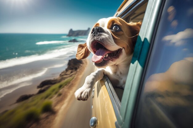 Un gioioso canino che si gode le vacanze estive in viaggio sul finestrino dell'auto IA generativa