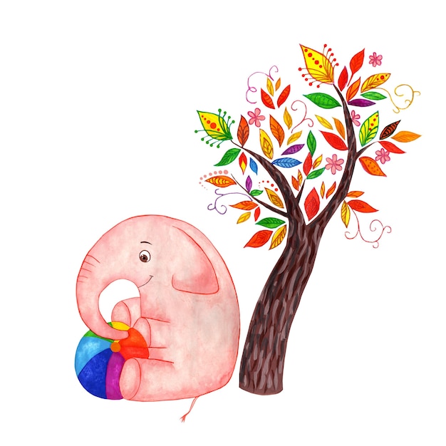 un gioioso elefante rosa siede sotto un albero favoloso e tiene in mano un'illustrazione per bambini con una palla arcobaleno