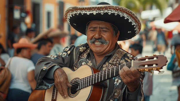 Un gioioso musicista mariachi che indossa un sombrero suona la chitarra e canta per strada indossa un abito charro ricamato e un grande sombrero