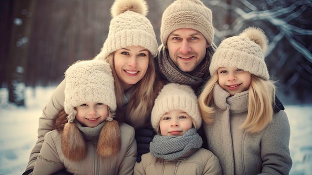 Un gioioso ritratto di gruppo di una famiglia che si diverte durante le loro vacanze invernali AI Illustration