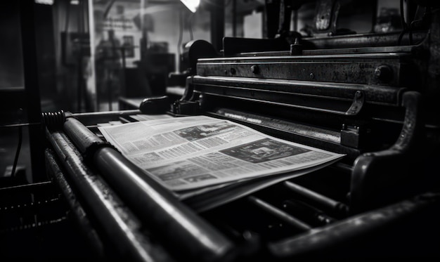 Un giornale è su una macchina da stampa con uno sfondo bianco e nero.