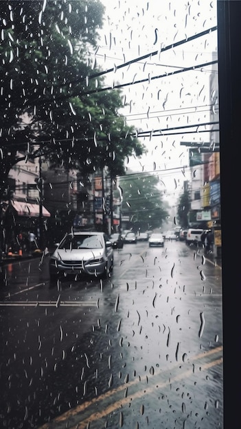 Un giorno di pioggia con un'auto sulla strada e un cartello che dice "piove sopra".