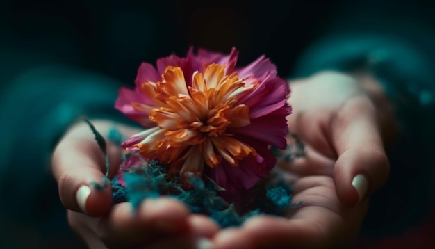 Un giovane adulto che tiene in mano un unico fiore bellezza in natura generata dall'intelligenza artificiale