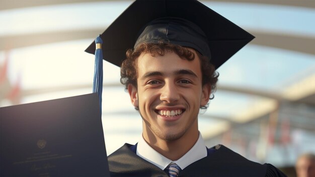 Un giovane adulto di successo che tiene il diploma all'aperto