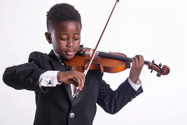 Un giovane africano in abito nero è emerso suonando il violino su un ambiente bianco.