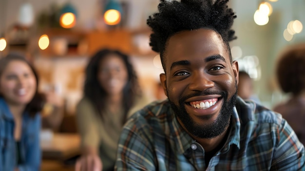 Un giovane afroamericano con la barba e i capelli ricci sorride alla telecamera indossa una camicia a quadri e è seduto in una postura rilassata