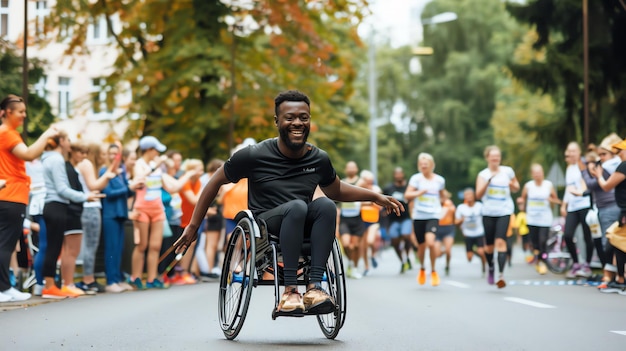 Un giovane afroamericano con una maglietta nera e pantaloni scuri sta correndo in sedia a rotelle sta sorridendo e ha le braccia stese