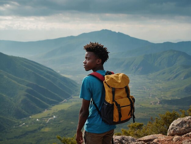 Un giovane afroamericano con uno zaino da turista in cima a una roccia in montagna