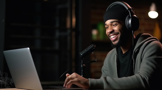 Un giovane afroamericano felice sta usando un microfono in studio e un portatile.