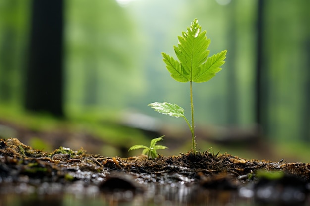 un giovane albero che spunta dalla terra nel mezzo di una foresta