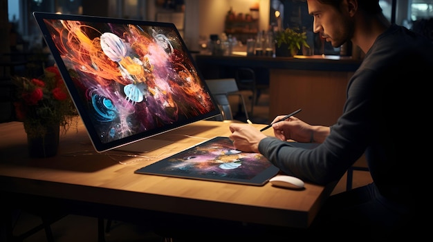 Un giovane artista che crea arte digitale su un tablet grafico