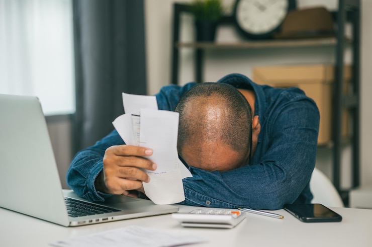 Foto un giovane asiatico è stressato perché guarda molte spese e non ha soldi da pagare