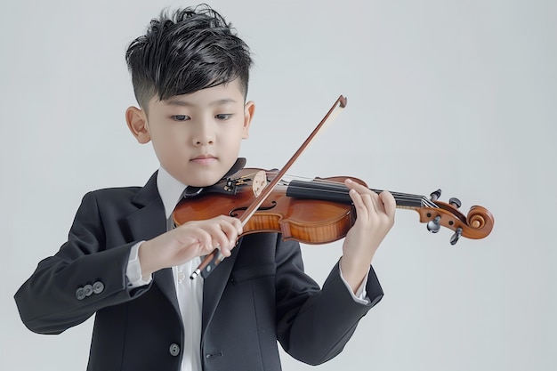 Un giovane asiatico in abito nero è emerso suonando il violino su un ambiente bianco.