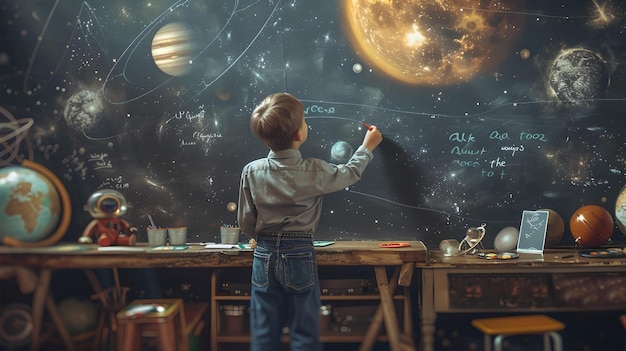 Un giovane astronomo che esplora un murale cosmico con un bambino di gesso in una stanza in stile vintage che sogna viaggi spaziali scena educativa e ispiratrice AI