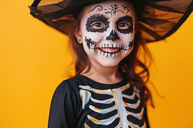 Un giovane bambino allegro in un costume di scheletro con la pittura del viso giocoso che celebra Halloween contro