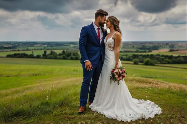 Un giovane barbuto in abito grigio e una bella sposa dolce in un vestito bianco si abbracciano