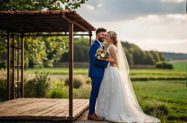 Un giovane barbuto in abito grigio e una bella sposa dolce in un vestito bianco si abbracciano