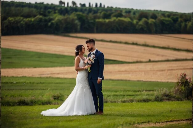 Un giovane barbuto in abito grigio e una bella sposa dolce in un vestito bianco si abbracciano