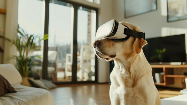 Un giovane cane allegro si siede in una stanza moderna indossando un auricolare bianco di realtà virtuale VR a luce diurna