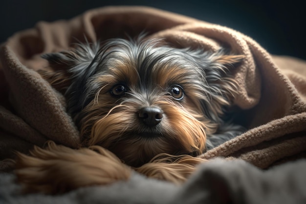 Un giovane cane Yorkshire Terrier sotto una coperta L'animale domestico si crogiola sotto il plaid