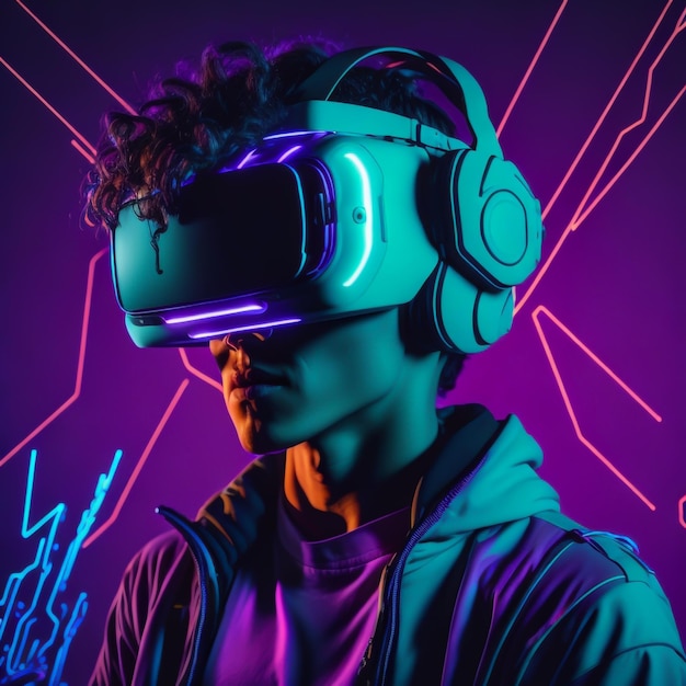 Un giovane che indossa un visore VR futuristico