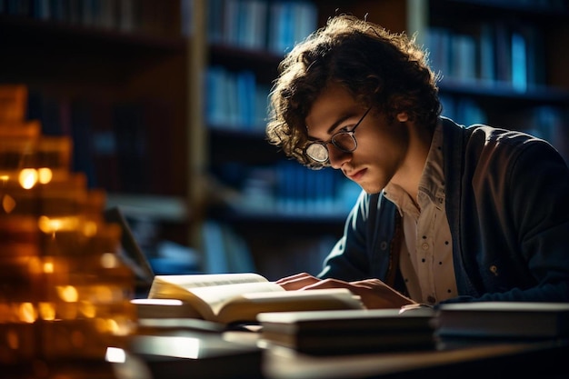Un giovane che legge un libro in una biblioteca.