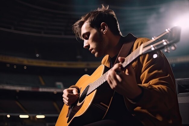 Un giovane che suona la chitarra su un palco