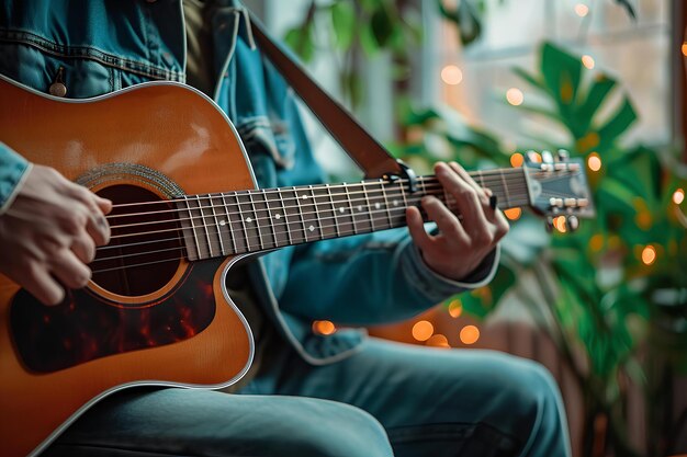 Un giovane che suona una chitarra acustica